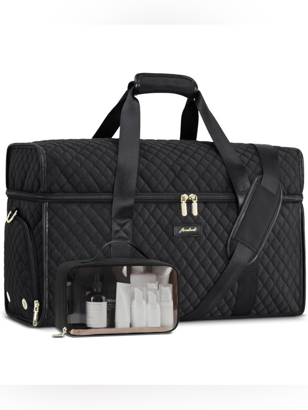 Quilted Black Travel Duffle Bag with Clear Toiletry Case
